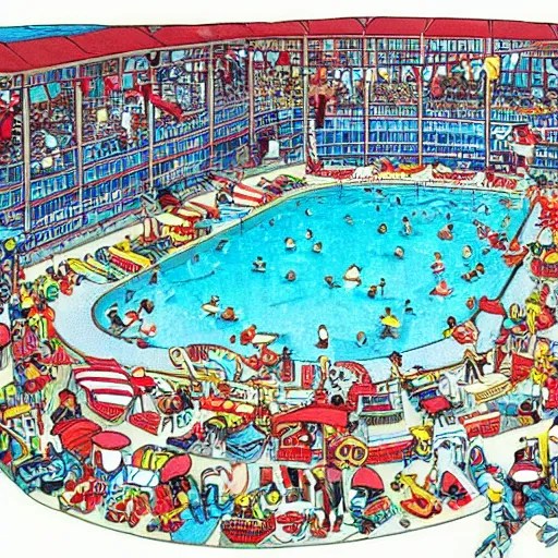 where's waldo book page highly detailed, swimming pool Stable