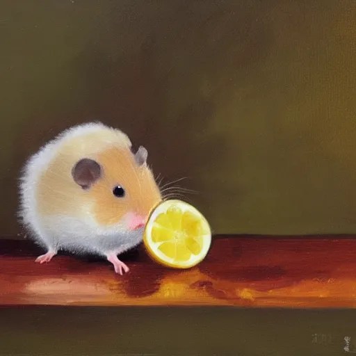 a oil painting of a cute little hamster eating lemon Stable Diffusion