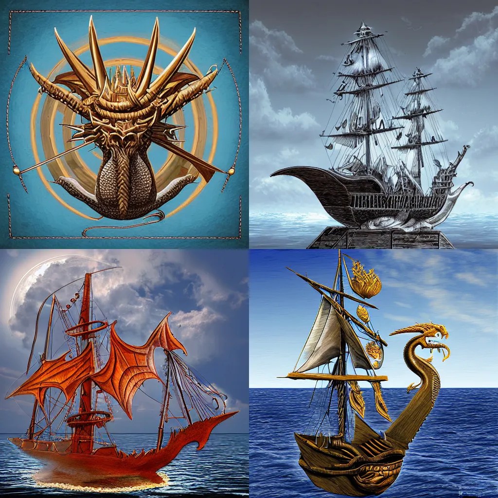sailing ship with a dragon head carved on its bow, Stable Diffusion