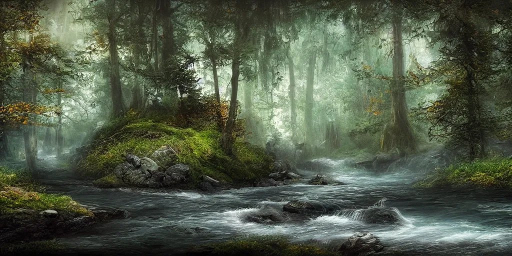 beautiful matte painting of river in forest, fantasy, Stable Diffusion