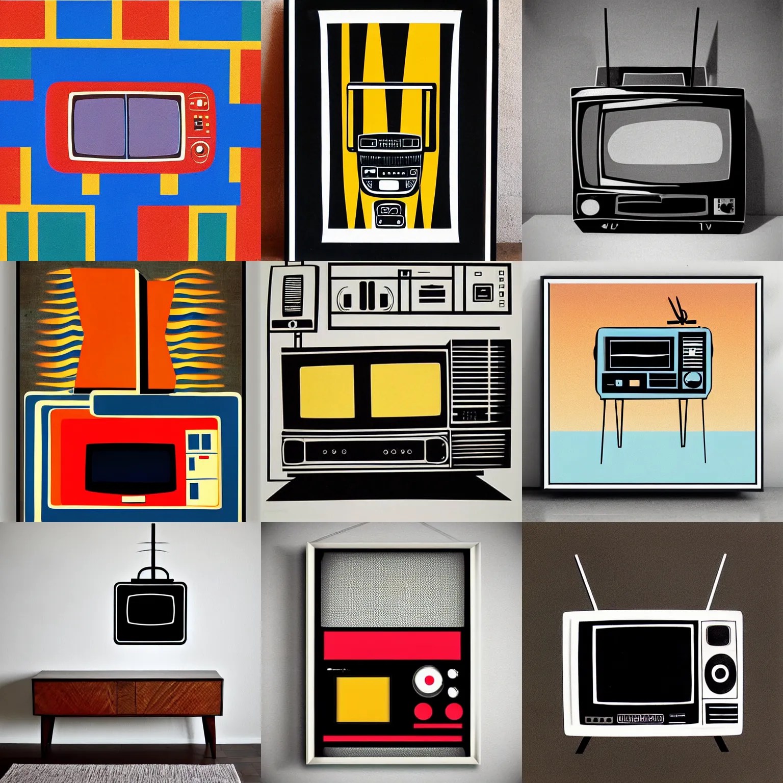 old TV with antenna, memphis design poster, late 80's, Stable