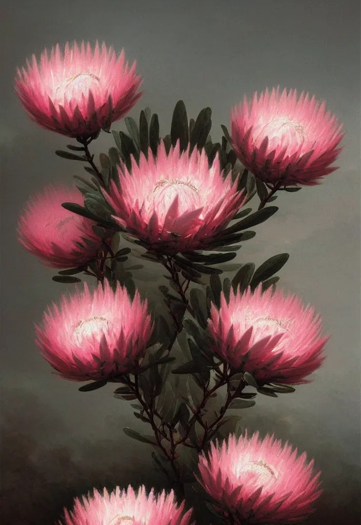 detailed pink and white proteas against a black Stable Diffusion