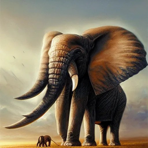 a painting of an enormous elephant towering over other Stable