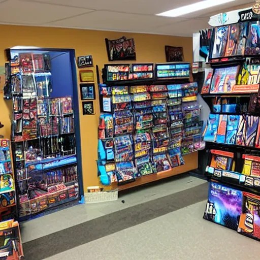 trading card game store, nerdy, good vibes, friendly Stable Diffusion