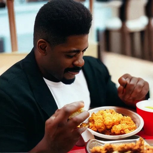 photo big muscular black man eating KFC, cinestill, Stable Diffusion