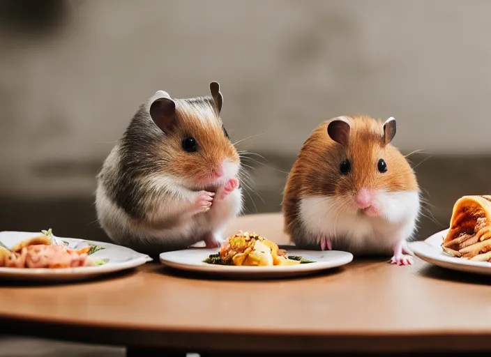 photo of a hamsters on a date, eating various michelin Stable
