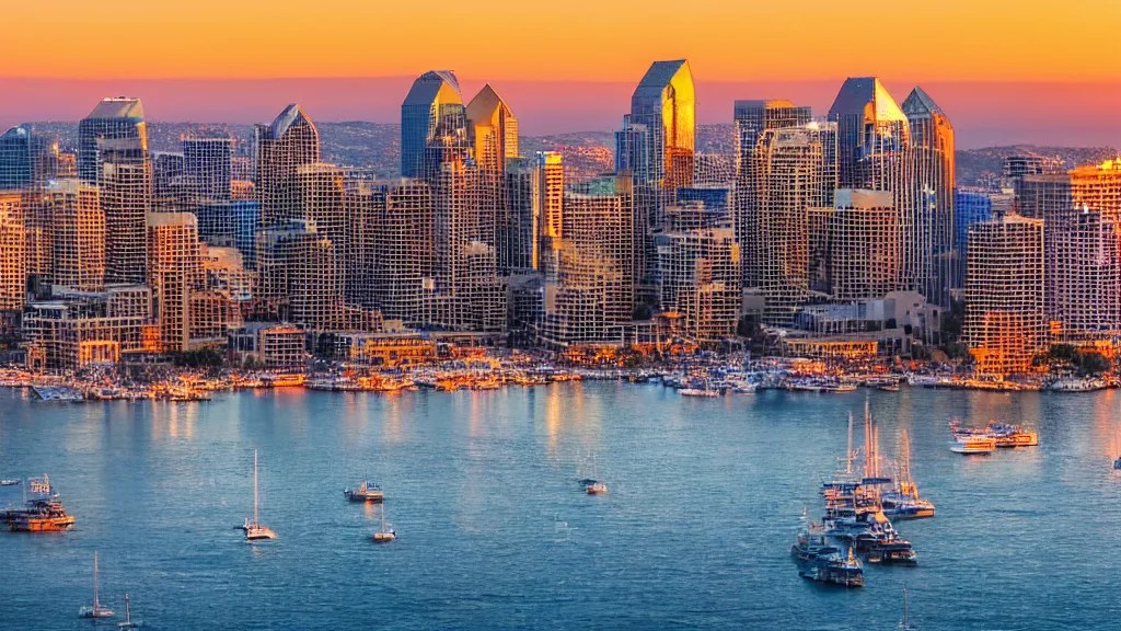 a beautiful photo of downtown San Diego at sunset, 8k, Stable