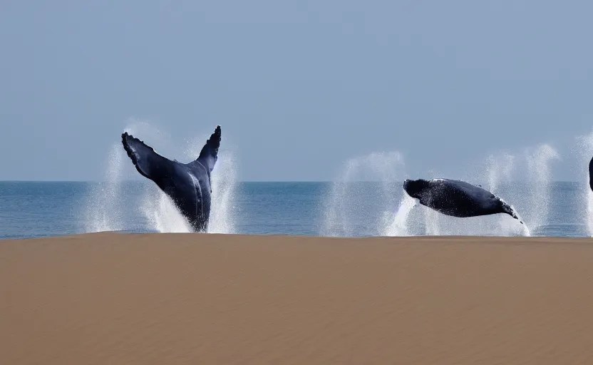 whales jumping in sand dunes, photography Stable Diffusion OpenArt