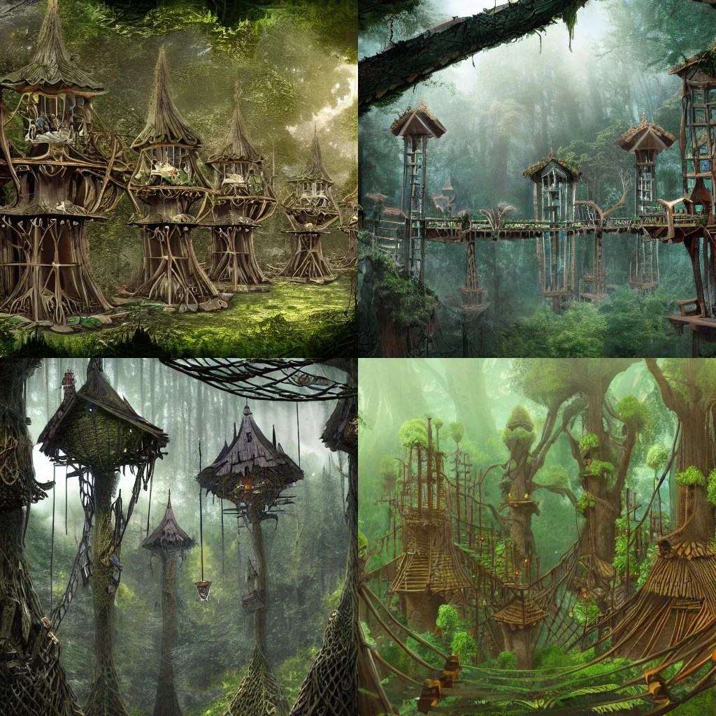 treetop elf village made up of treehouses and Stable Diffusion