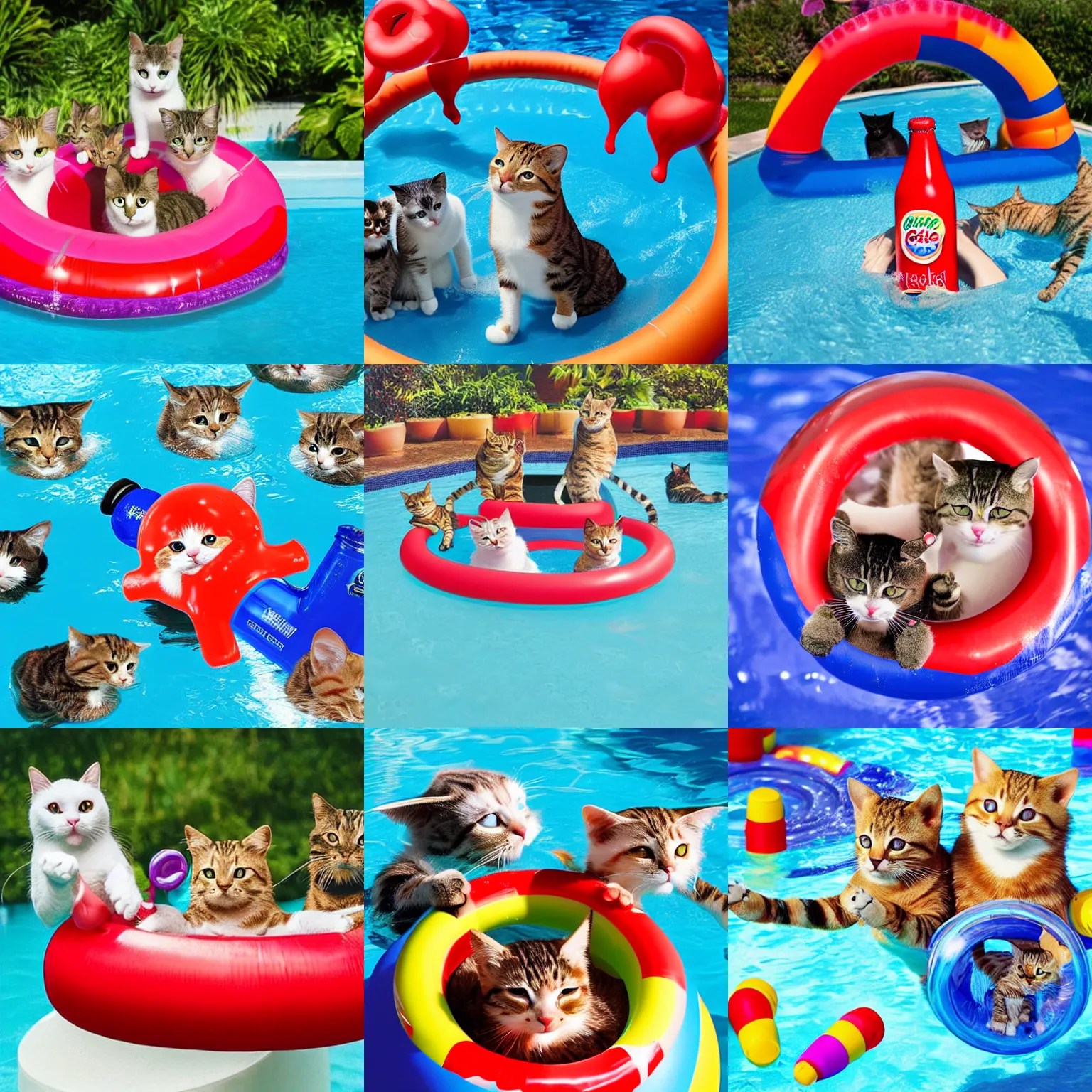 cats having a pool party in a giant bottle of cola, Stable Diffusion