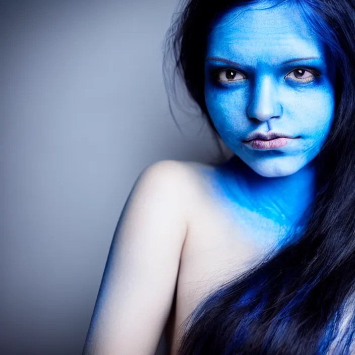 photograph of a woman with blue skin!!!!!!!!!!. Stable Diffusion
