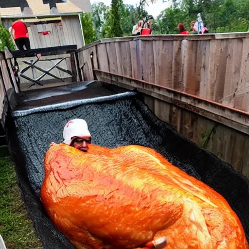 the world\'s largest raw chicken going down a slip Stable Diffusion