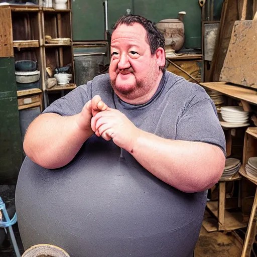 johnny vegas sitting making a very large clay teapot, Stable Diffusion