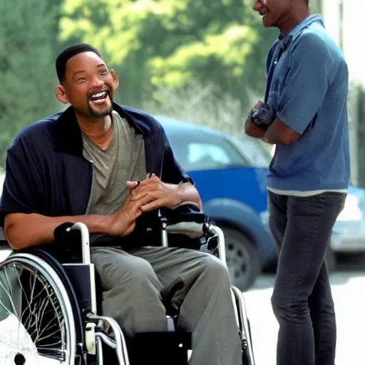 will smith smiling in a wheelchair, movie still Stable Diffusion