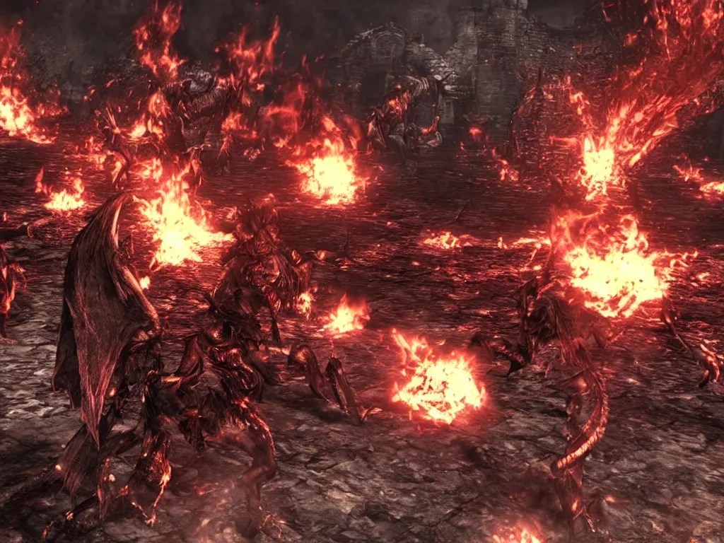 Demon Souls Dark Souls Boss fight in flaming hell Stable Diffusion