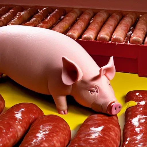 a pig made of sausages wallowing in ketchup and mustard Stable