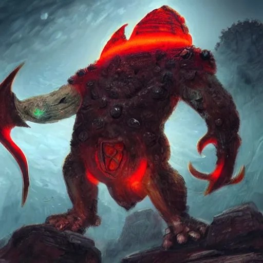 a large rock elemental with glowing red runes adorning Stable