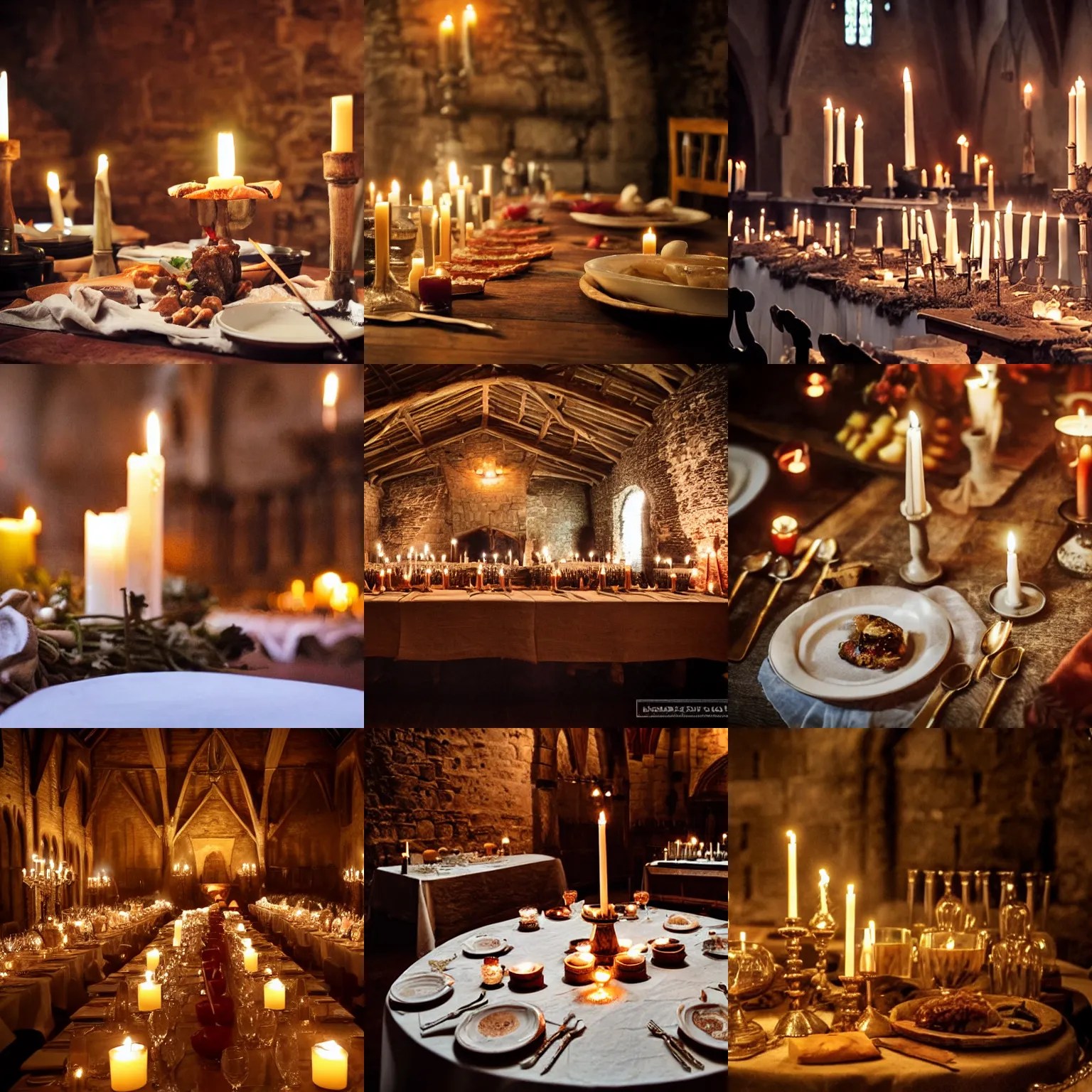 medieval feast, castle great hall, food, candles, Stable Diffusion