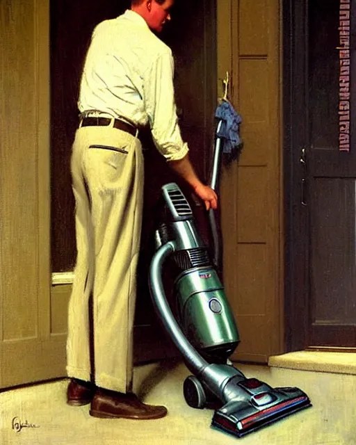 handsome man selling vacuum cleaners door to door in a Stable