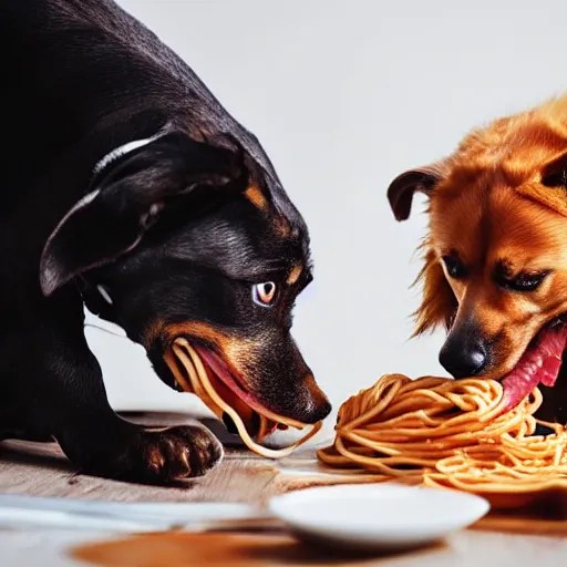 photo of two dogs eating spaghetti and meatballs, Stable Diffusion