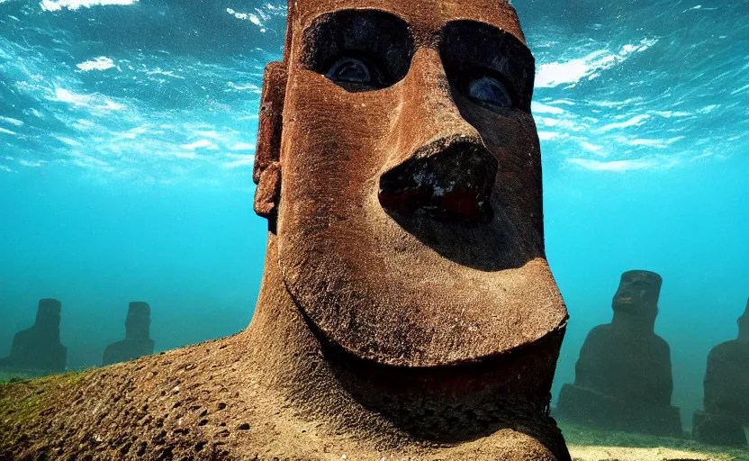 easter island statue, underwater, sunken, photography Stable Diffusion