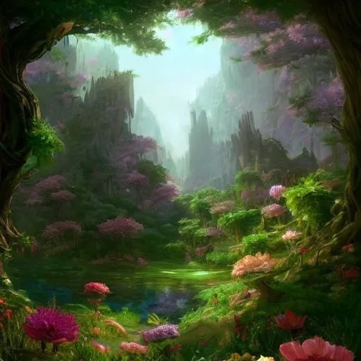 a forest with giant flowers for trees, fantasy Stable Diffusion