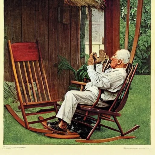 an old man, sitting in a wooden rocking chair on a Stable Diffusion
