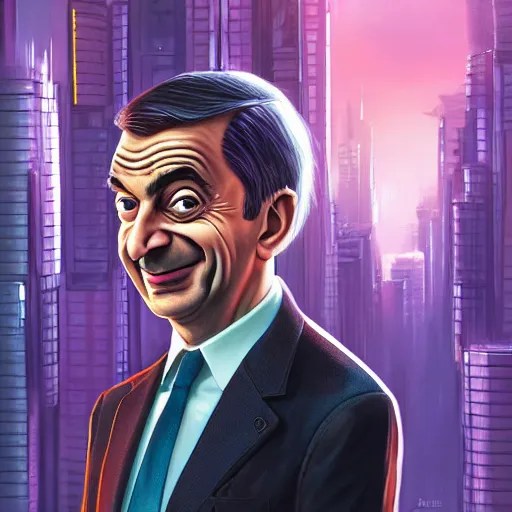 mr bean, head and shoulder shot, cyberpunk city, city Stable Diffusion