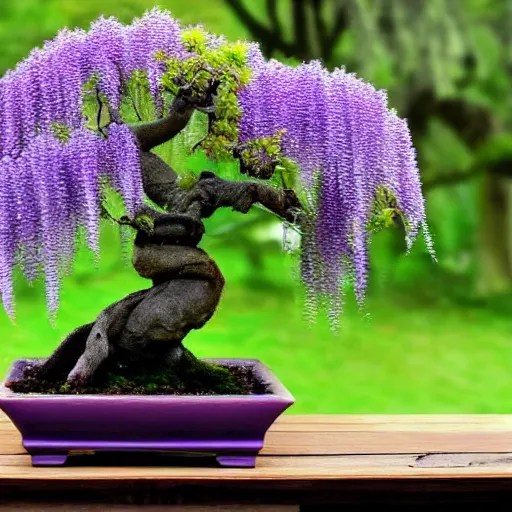 photo of a wisteria bonsai tree, high detail, Stable Diffusion