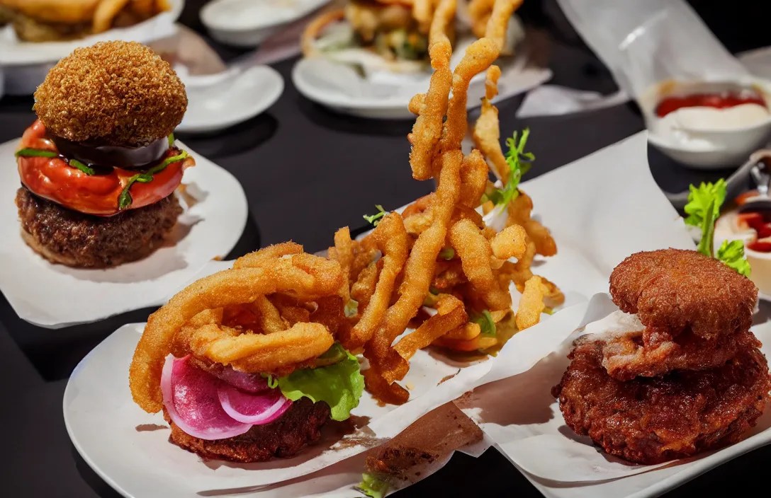 deep fried Hamburger, food photography, award winning, Stable