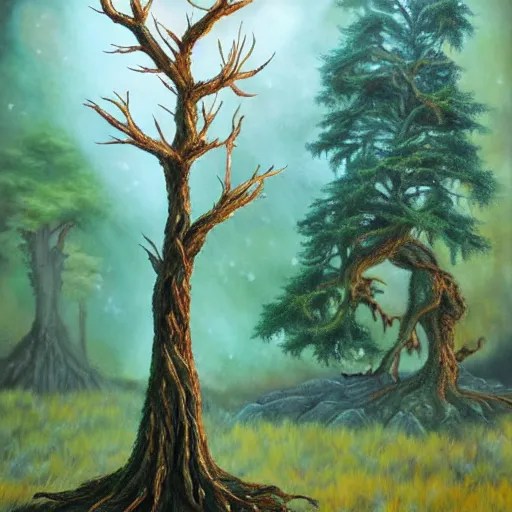 A 8 year old tree, fantasy painting, lots of detail Stable Diffusion