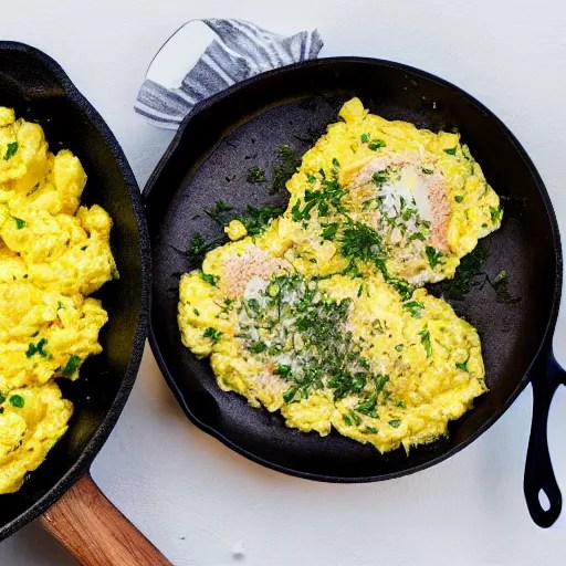 scrambled eggs in a cast iron skillet, photorealistic Stable