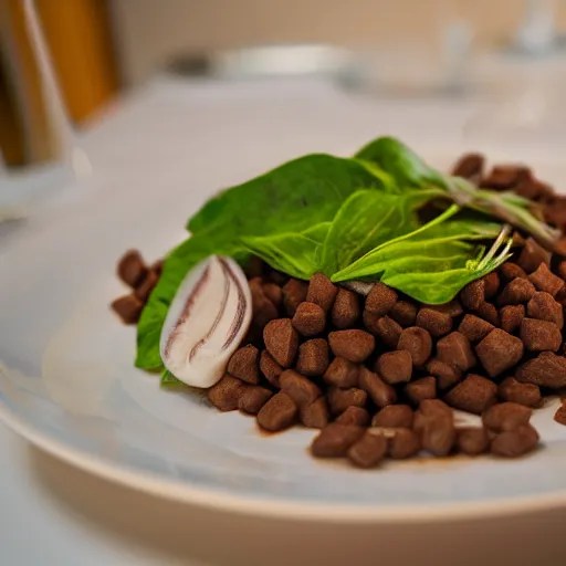 dog food on a plate, gourmet michelin restaurant, food Stable