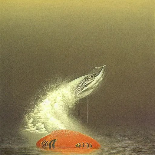 salmon jumping out of a river by zdzisław beksinski Stable Diffusion