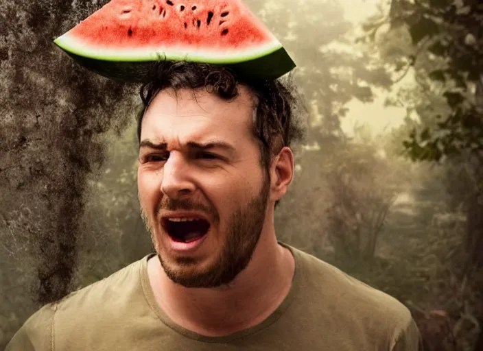 film still of a man with a watermelon on his a head in Stable