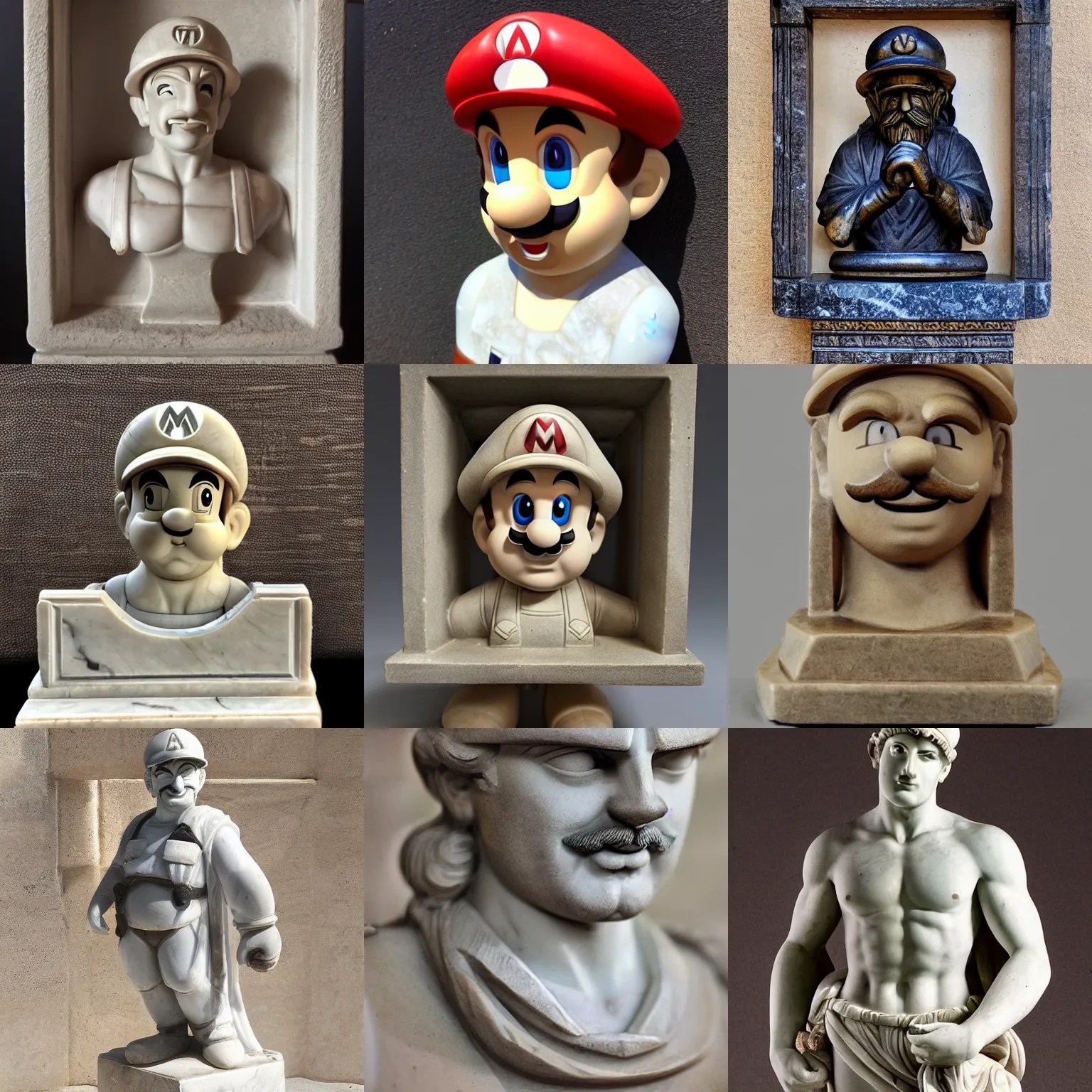 an antique marble statue of mario from mario bros Stable Diffusion