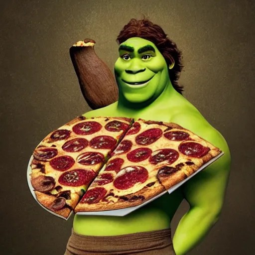 a shrek with long brown hair, eating infinite Stable