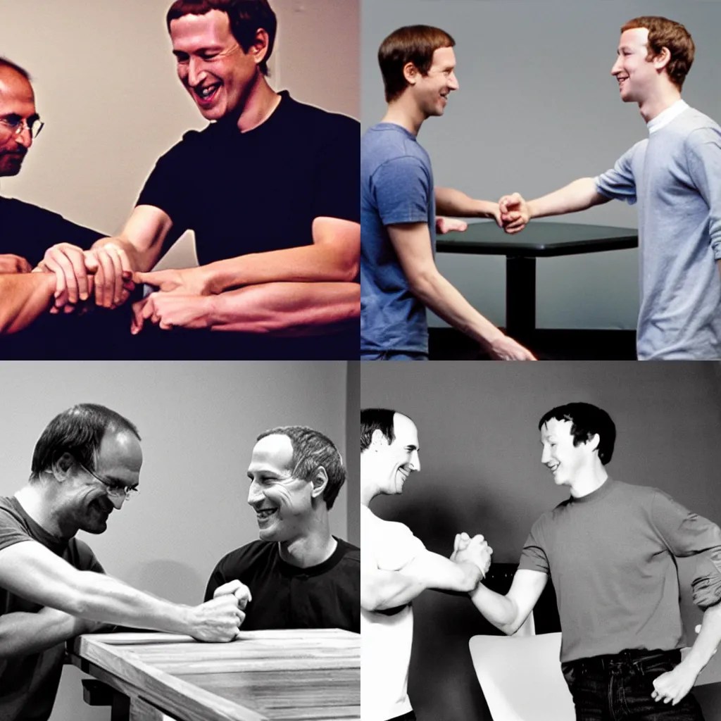 studio photo of Steve Jobs and Mark Zuckerberg arm Stable Diffusion