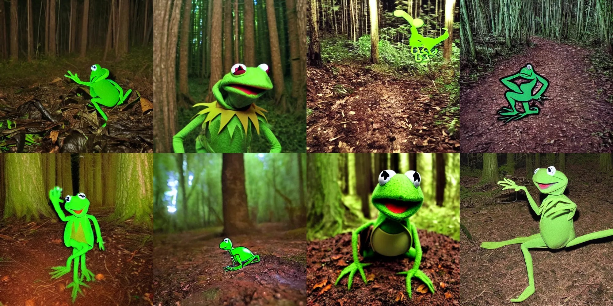 trail camera photo of a moving kermit the frog at Stable Diffusion
