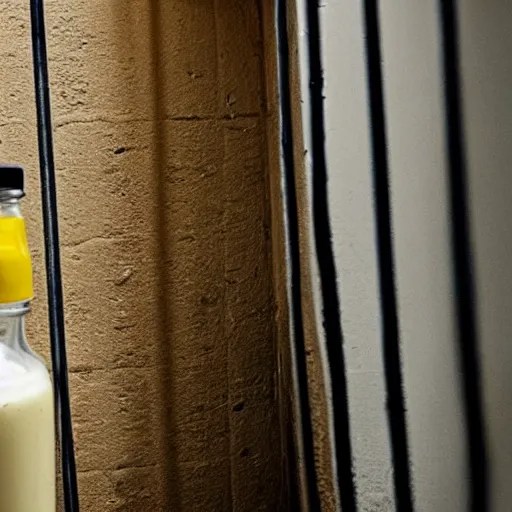 a jar of mayonnaise wearing a prison uniform in a Stable Diffusion