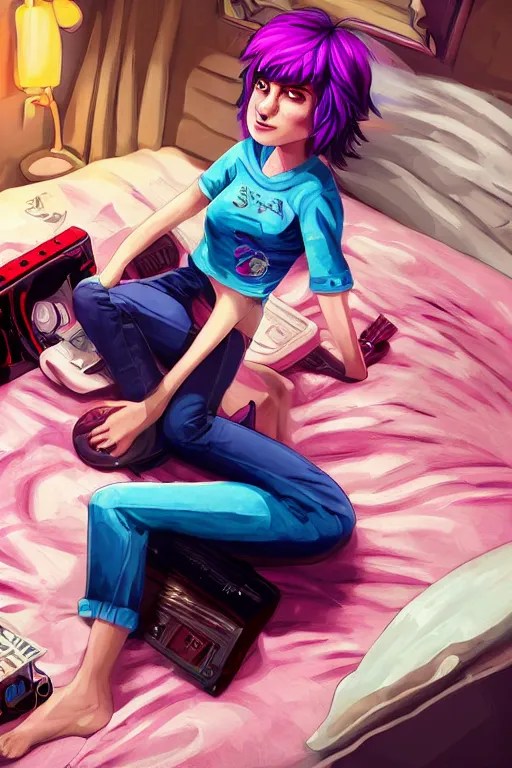 ramona flowers from scott pilgrim sitting on her bed | Stable Diffusion