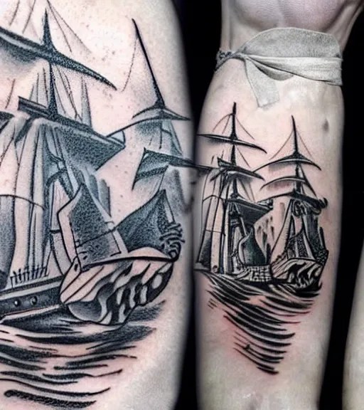 White paper tattoo design of a magical pirate ship, Stable Diffusion