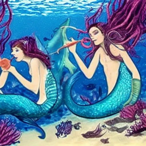beautiful deadly mermaids holding drowning sailors Stable Diffusion