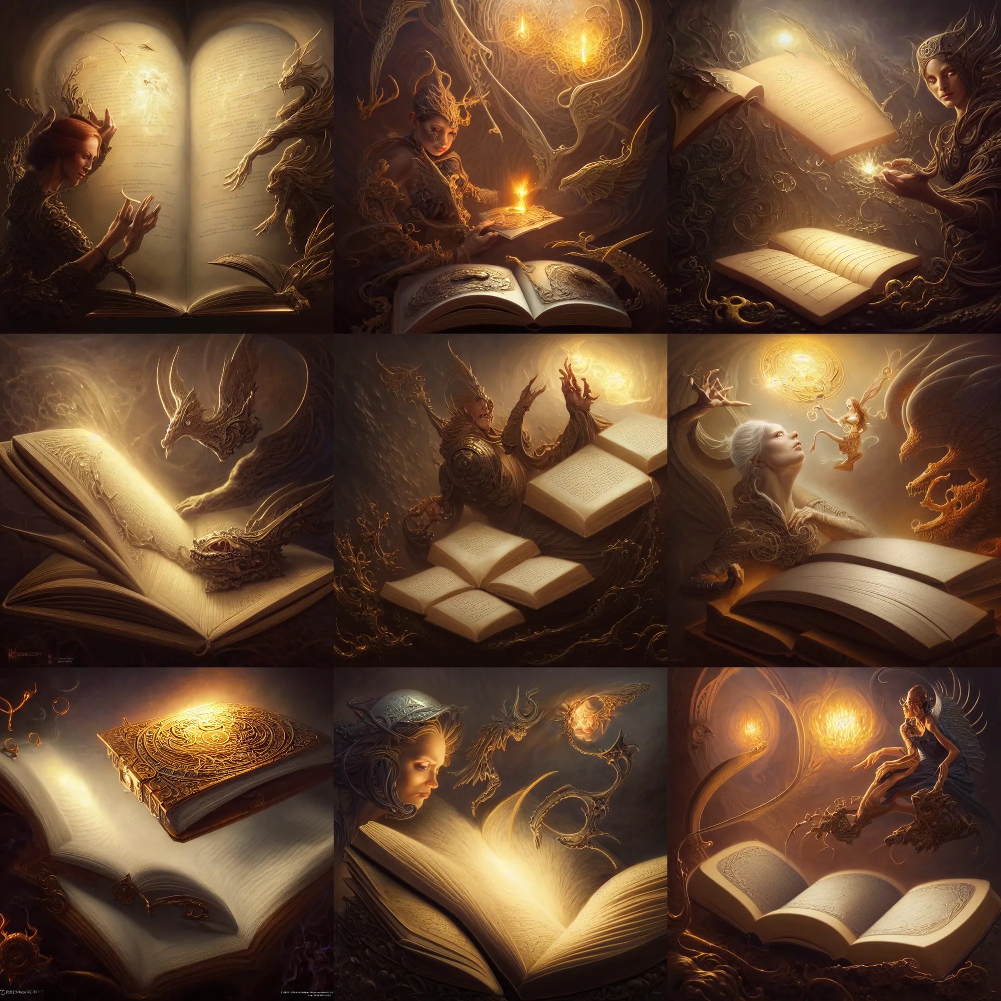 opened magic book with spell illustrations, unreal Stable Diffusion