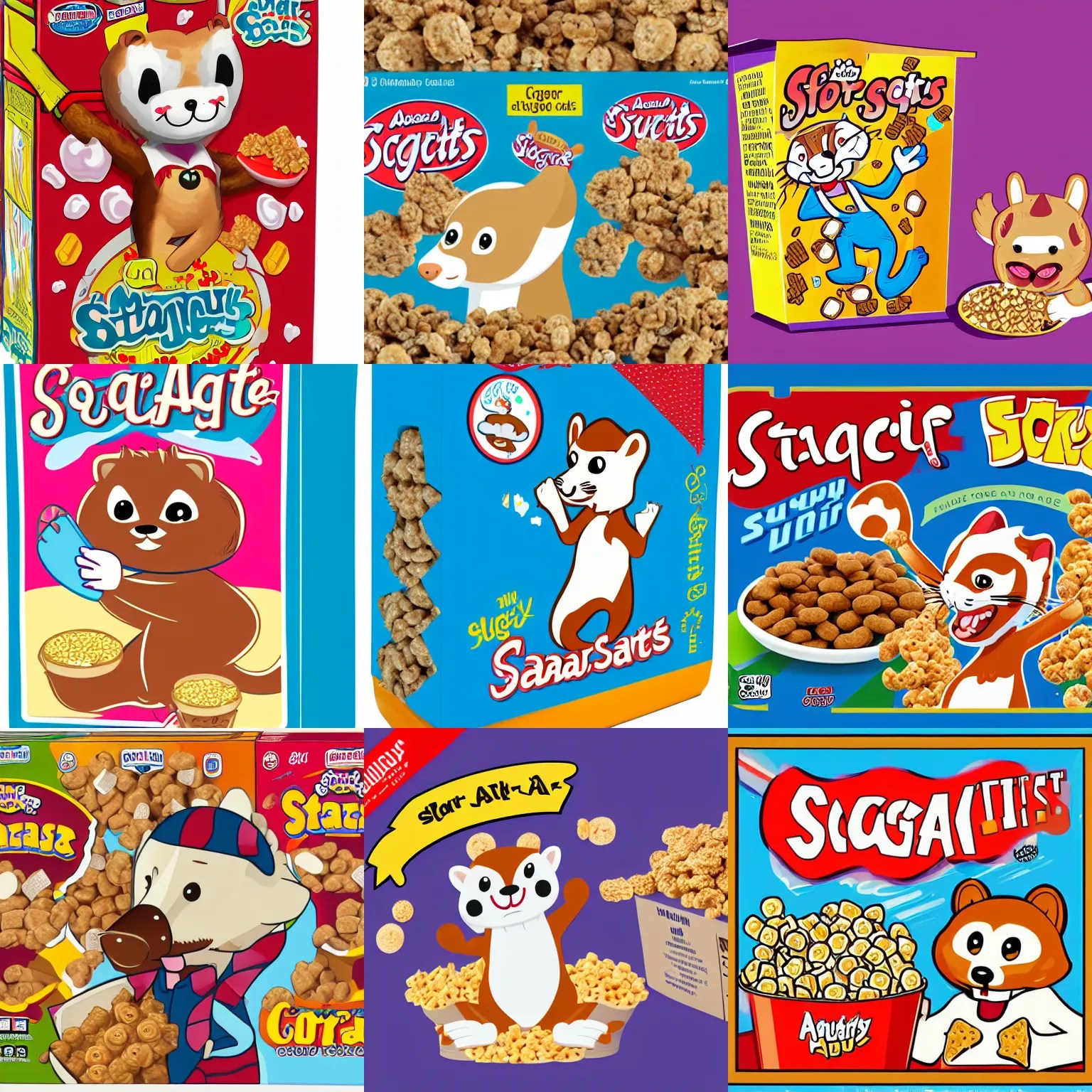 a box of sugar stoats cereal, featuring the mascot Stable Diffusion