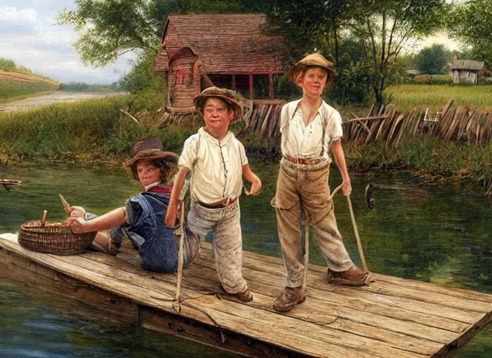 tom sawyer and huckleberry finn in a small missouri Stable Diffusion