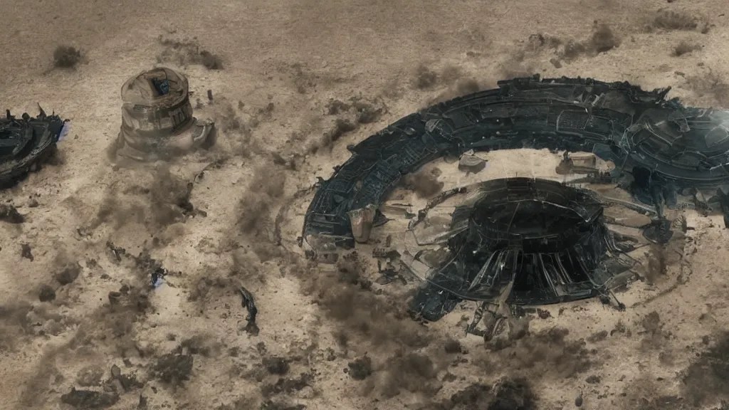 aliens arriving dune, film still from the movie Stable Diffusion