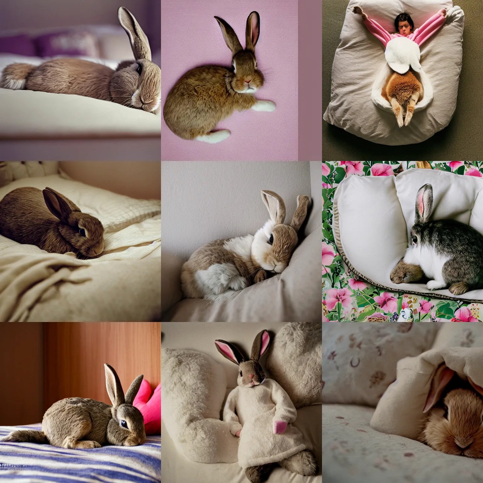 photograph of a bunny sleeping on a big comfy bed by Stable Diffusion