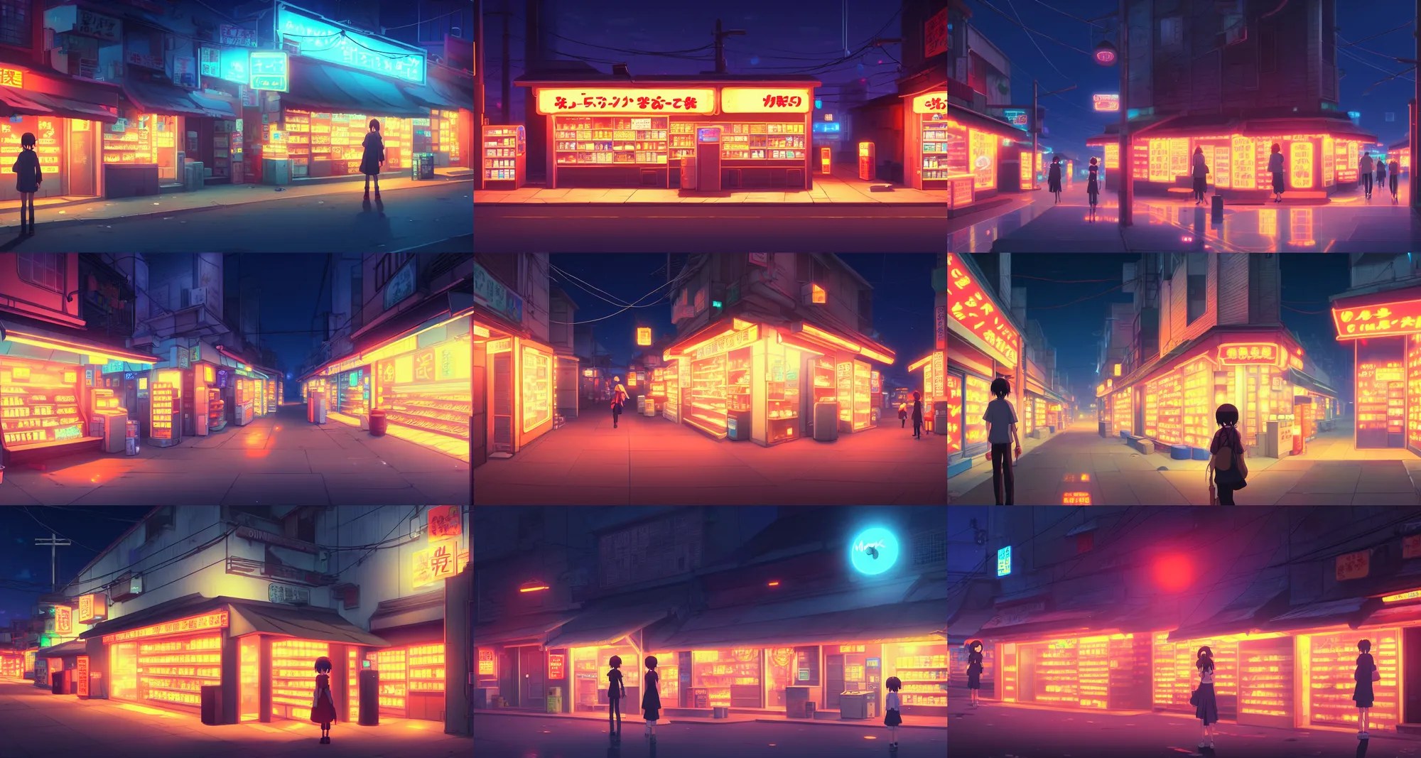 glowing convenience store on a dark back alley, night Stable Diffusion