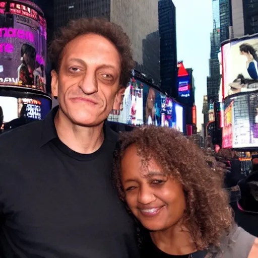 photo of anthony cumia in times square with black woman Stable Diffusion